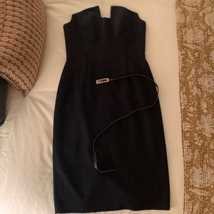 Navy strapless dress with belt
